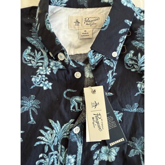 Mens Penguin Navy tropical print short sleeve button down sz M - Picture 2 of 4
